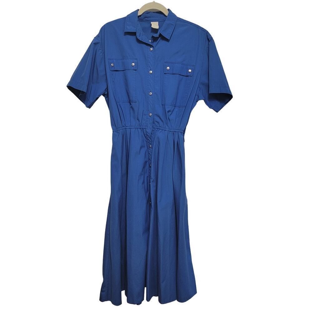 Vintage Blue Fit Flare Uniform Dress Elastic Waist Pockets Retro Size 14